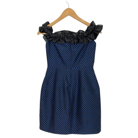 Lulus Lovely Night Jacquard Dress Womens XS Blue Polka Dot Off the Shoulder NWT - Picture 4 of 12
